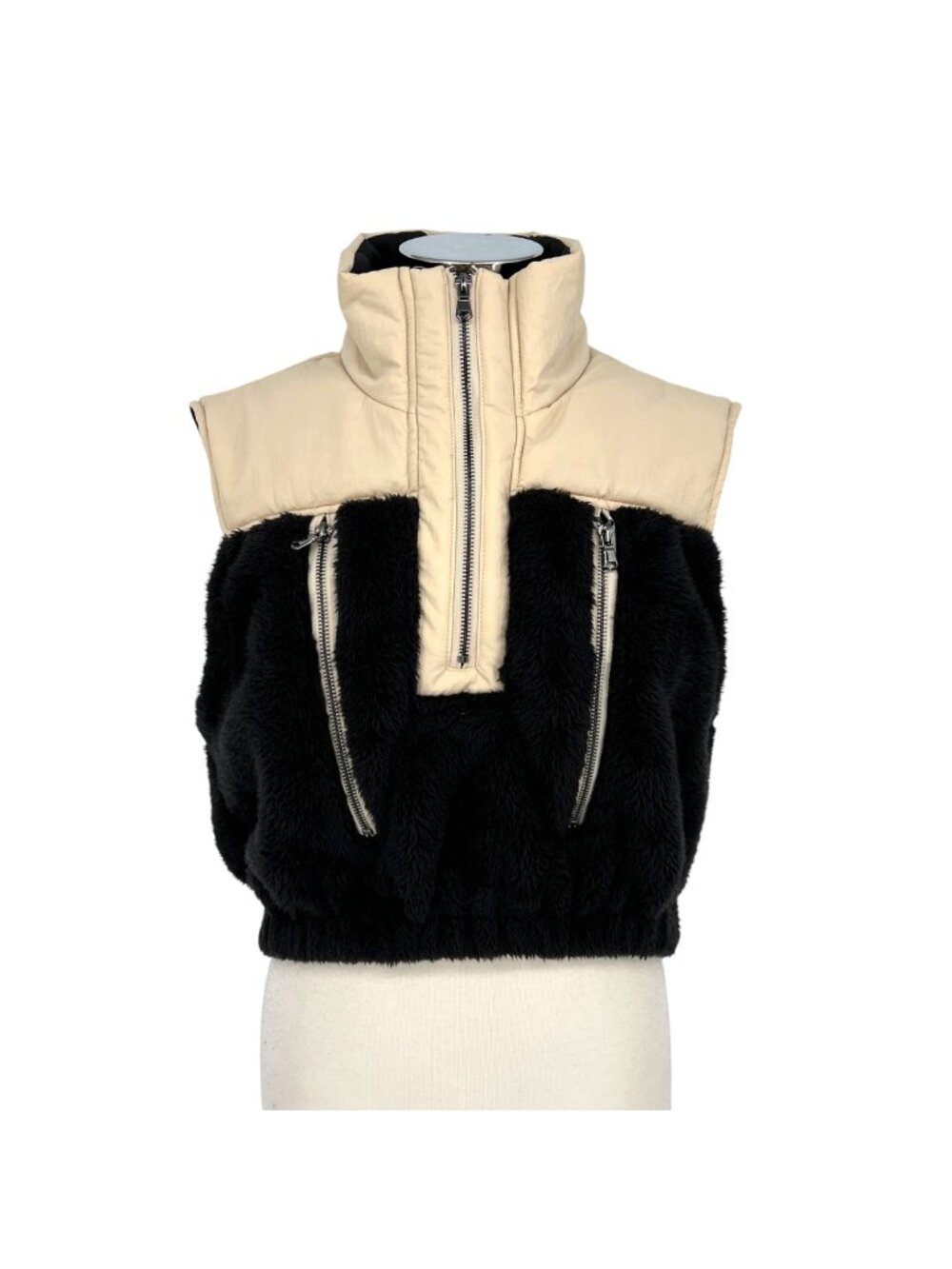 Hyfve Two-Tone Sherpa Nylon Vest Half Zip Urban Utility Black Cream Small NWT